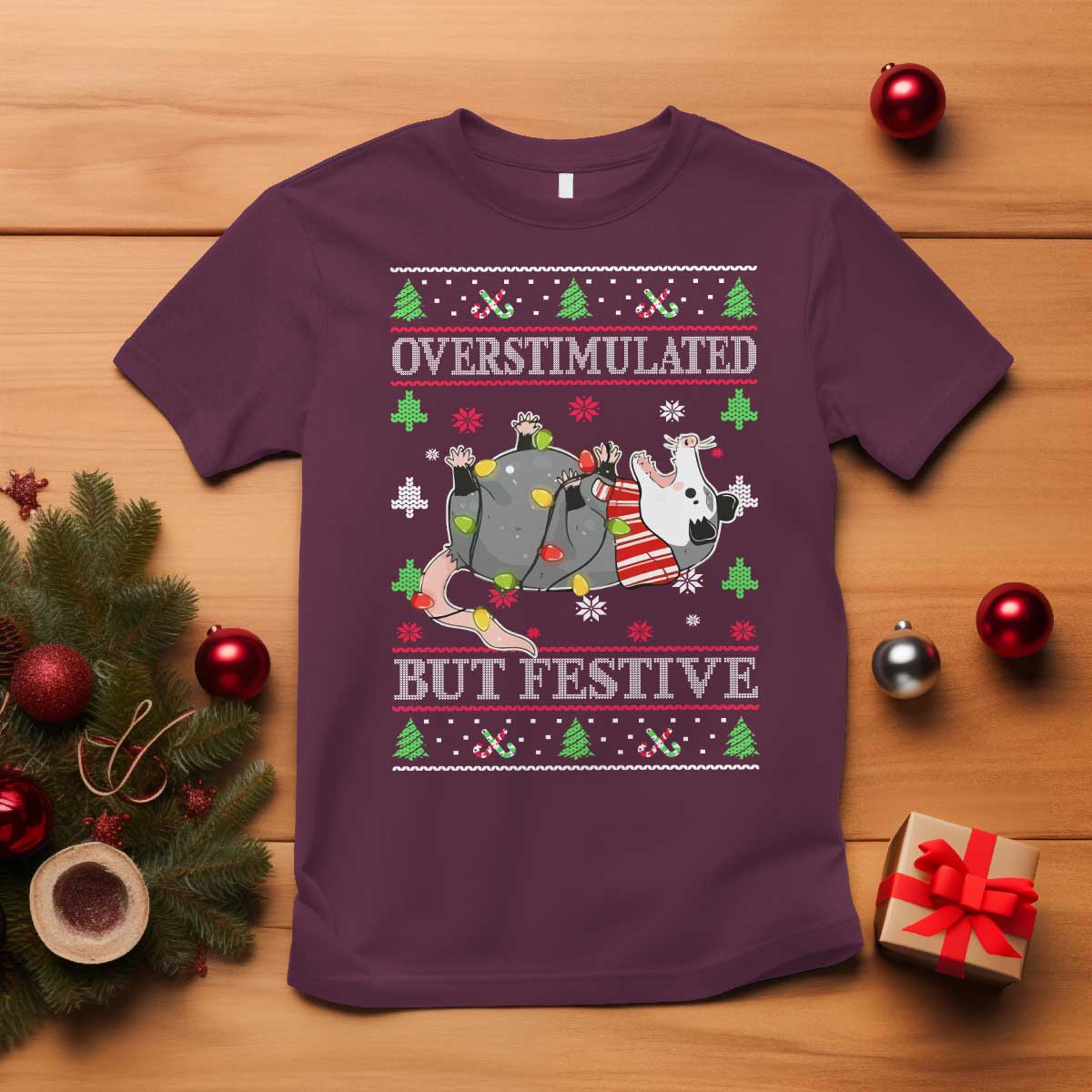 possum-christmas-t-shirt-overstimulated-but-festive-ugly-christmas