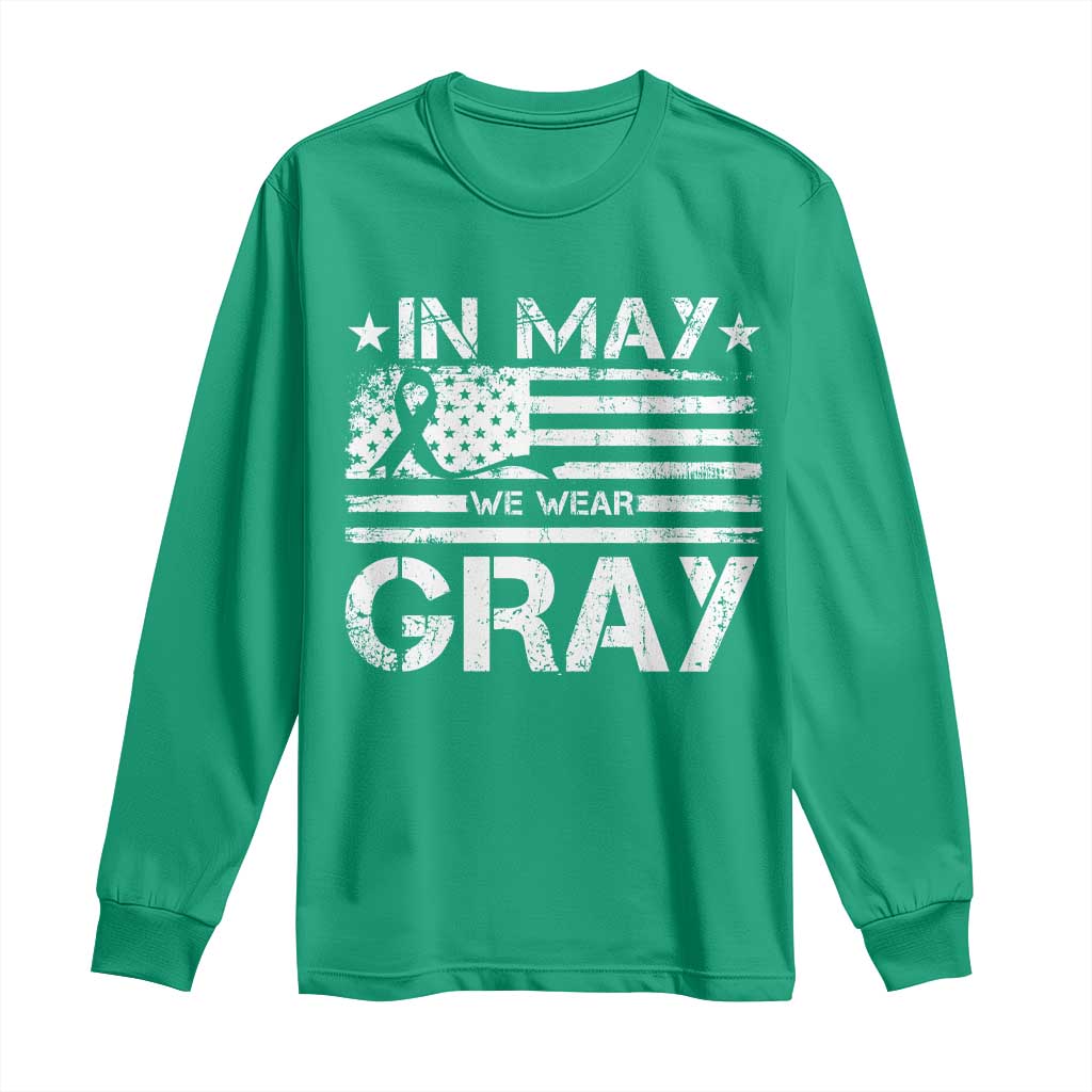 Brain Cancer Support Long Sleeve Shirt In May We Wear Gray US Flag