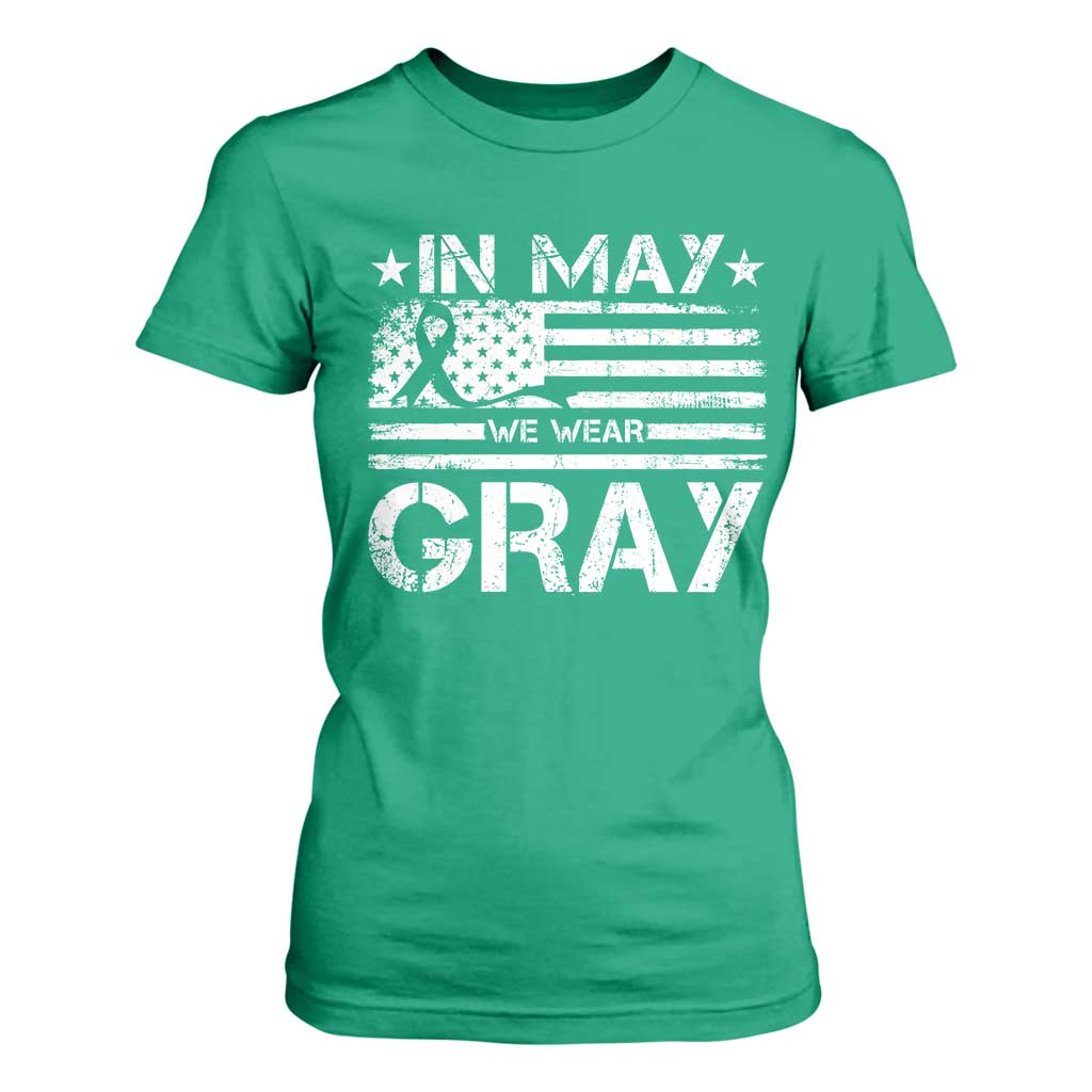 Brain Cancer Support T Shirt For Women In May We Wear Gray US Flag