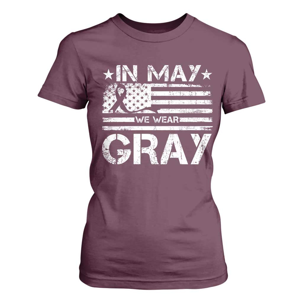 Brain Cancer Support T Shirt For Women In May We Wear Gray US Flag