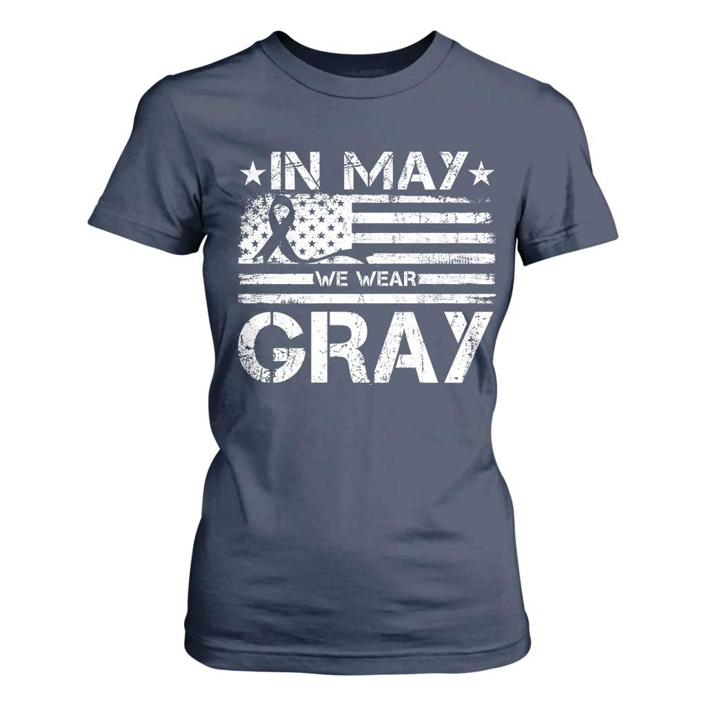 Brain Cancer Support T Shirt For Women In May We Wear Gray US Flag