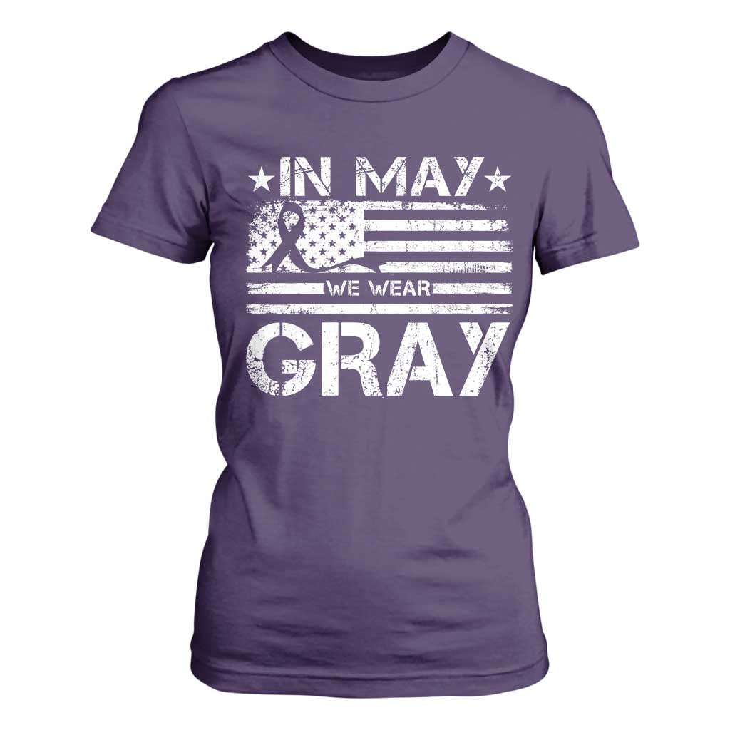 Brain Cancer Support T Shirt For Women In May We Wear Gray US Flag
