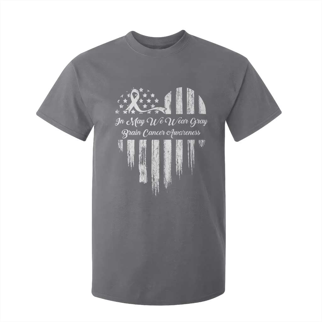 Brain Cancer Support T Shirt For Kid In May We Wear Gray American Flag Heart