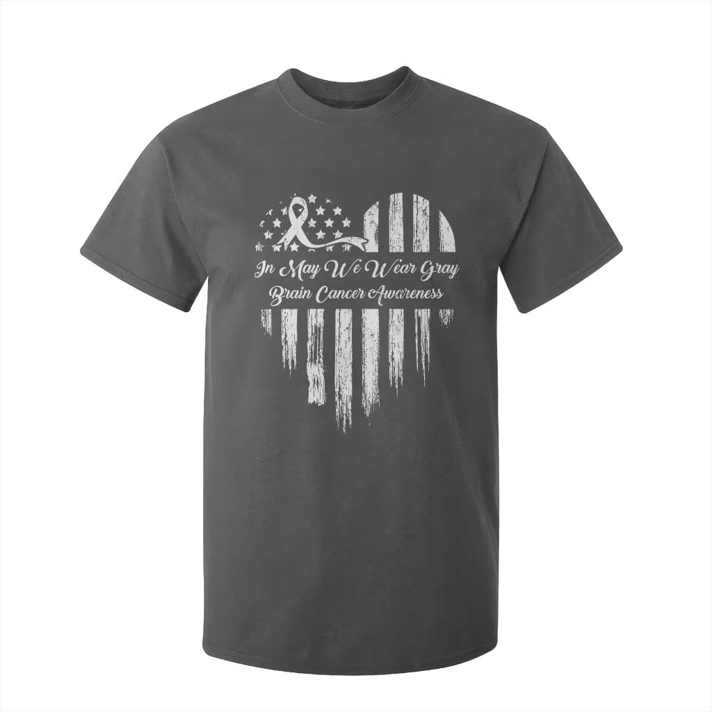 Brain Cancer Support T Shirt For Kid In May We Wear Gray American Flag Heart