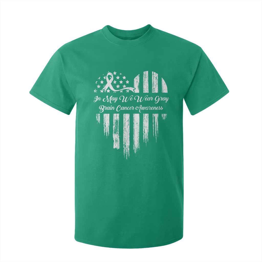 Brain Cancer Support T Shirt For Kid In May We Wear Gray American Flag Heart
