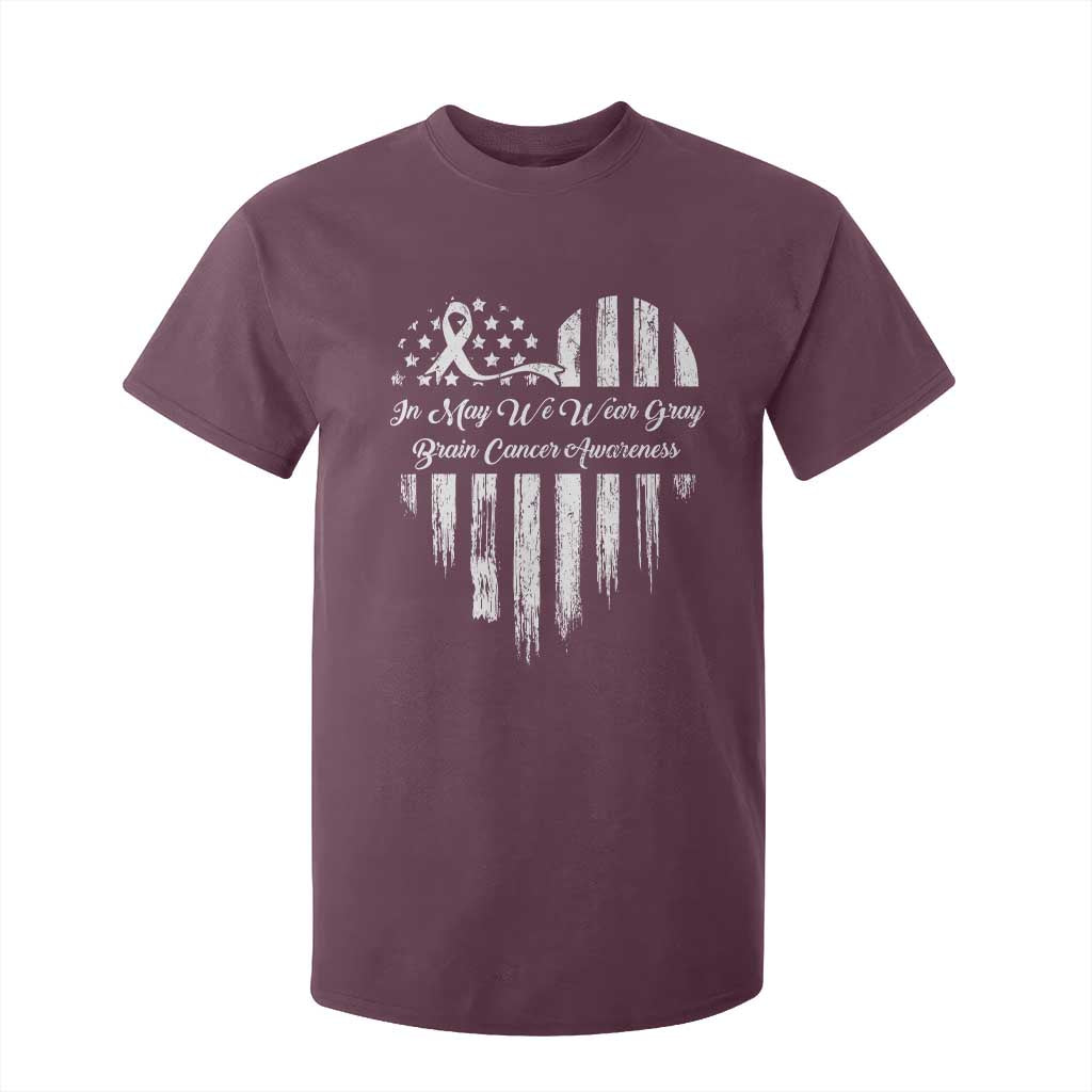 Brain Cancer Support T Shirt For Kid In May We Wear Gray American Flag Heart