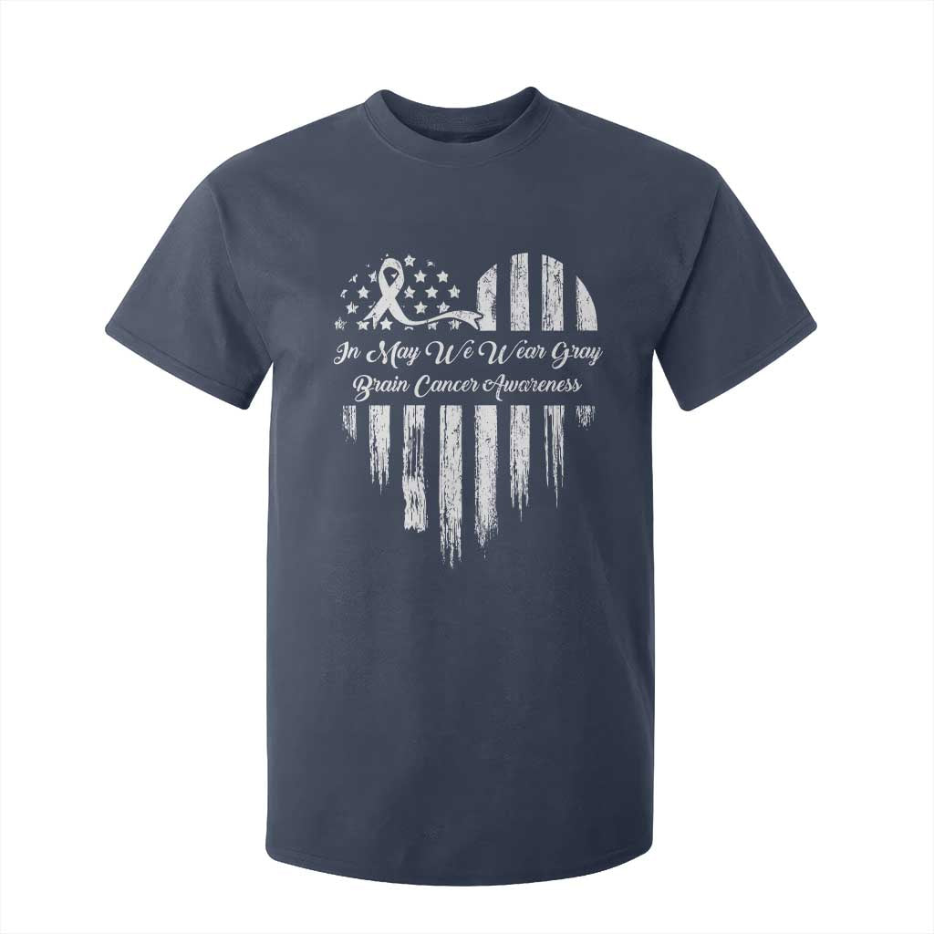 Brain Cancer Support T Shirt For Kid In May We Wear Gray American Flag Heart