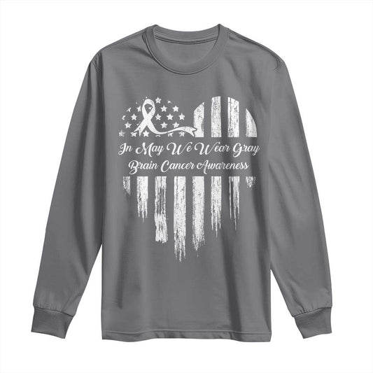 Brain Cancer Support Long Sleeve Shirt In May We Wear Gray American Flag Heart
