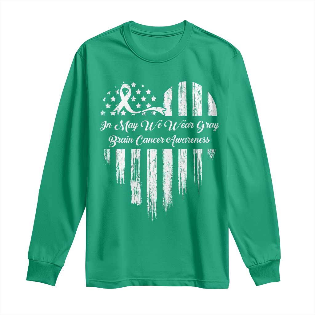 Brain Cancer Support Long Sleeve Shirt In May We Wear Gray American Flag Heart