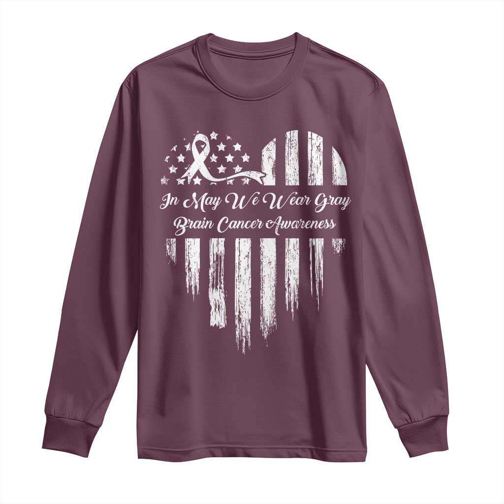 Brain Cancer Support Long Sleeve Shirt In May We Wear Gray American Flag Heart