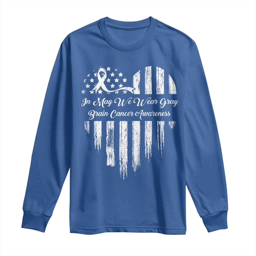 Brain Cancer Support Long Sleeve Shirt In May We Wear Gray American Flag Heart