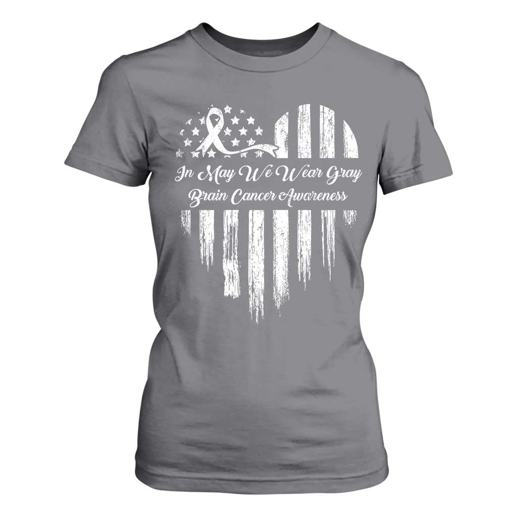 Brain Cancer Support T Shirt For Women In May We Wear Gray American Flag Heart