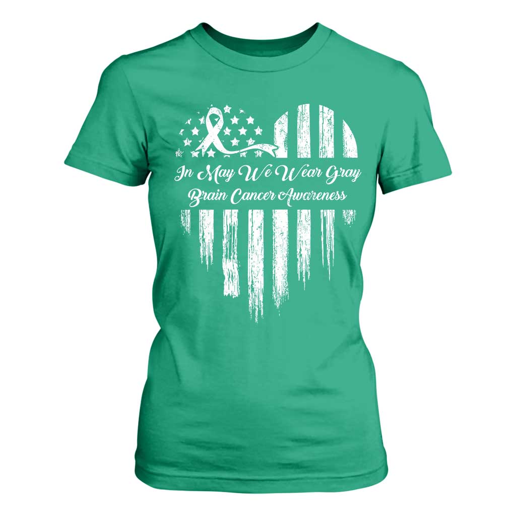 Brain Cancer Support T Shirt For Women In May We Wear Gray American Flag Heart