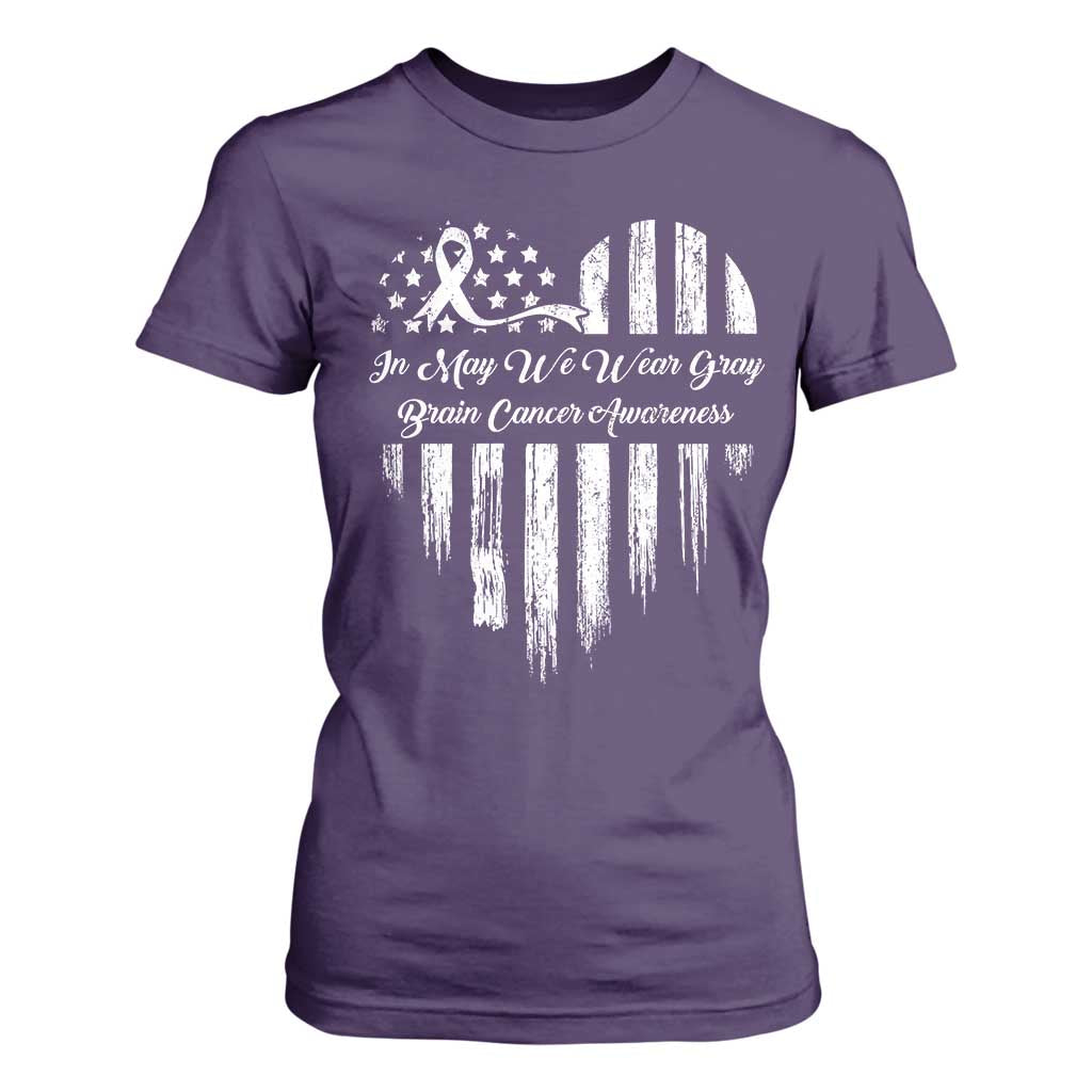 Brain Cancer Support T Shirt For Women In May We Wear Gray American Flag Heart
