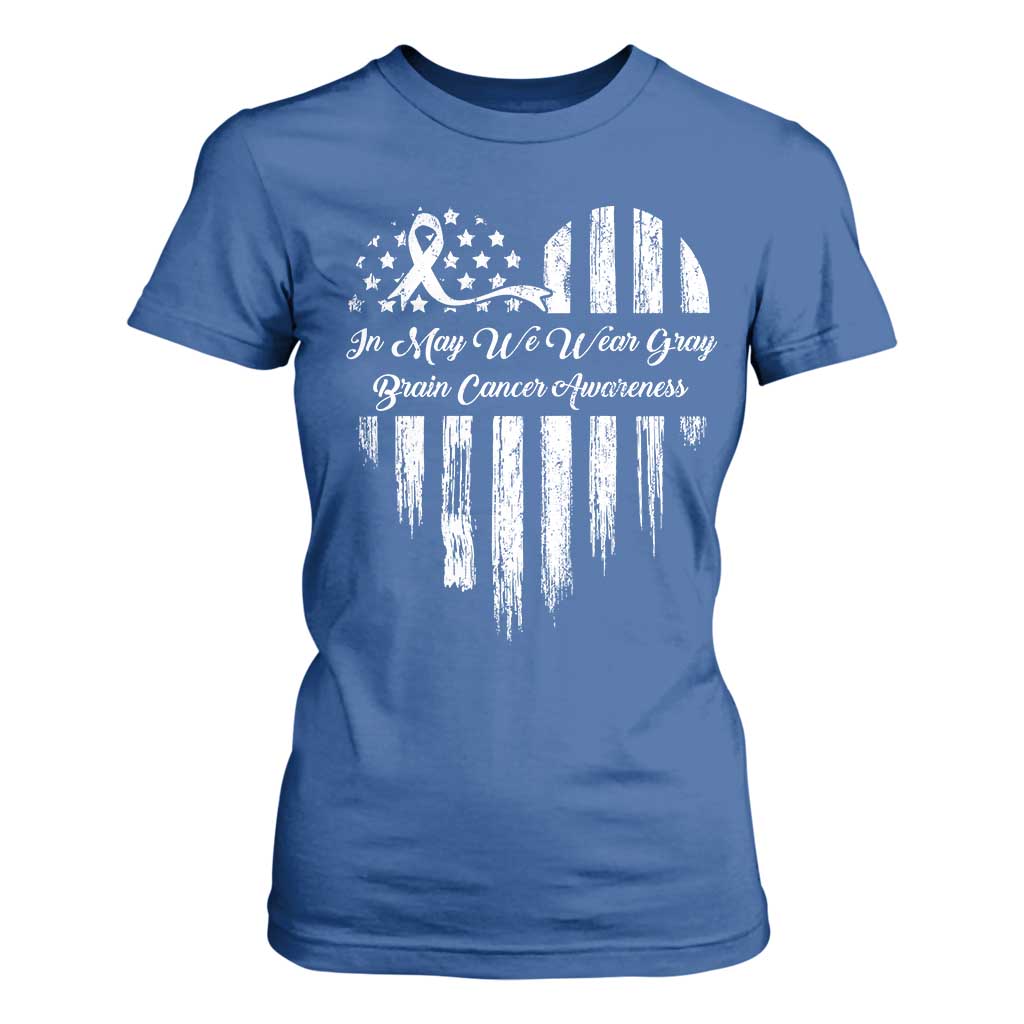 Brain Cancer Support T Shirt For Women In May We Wear Gray American Flag Heart