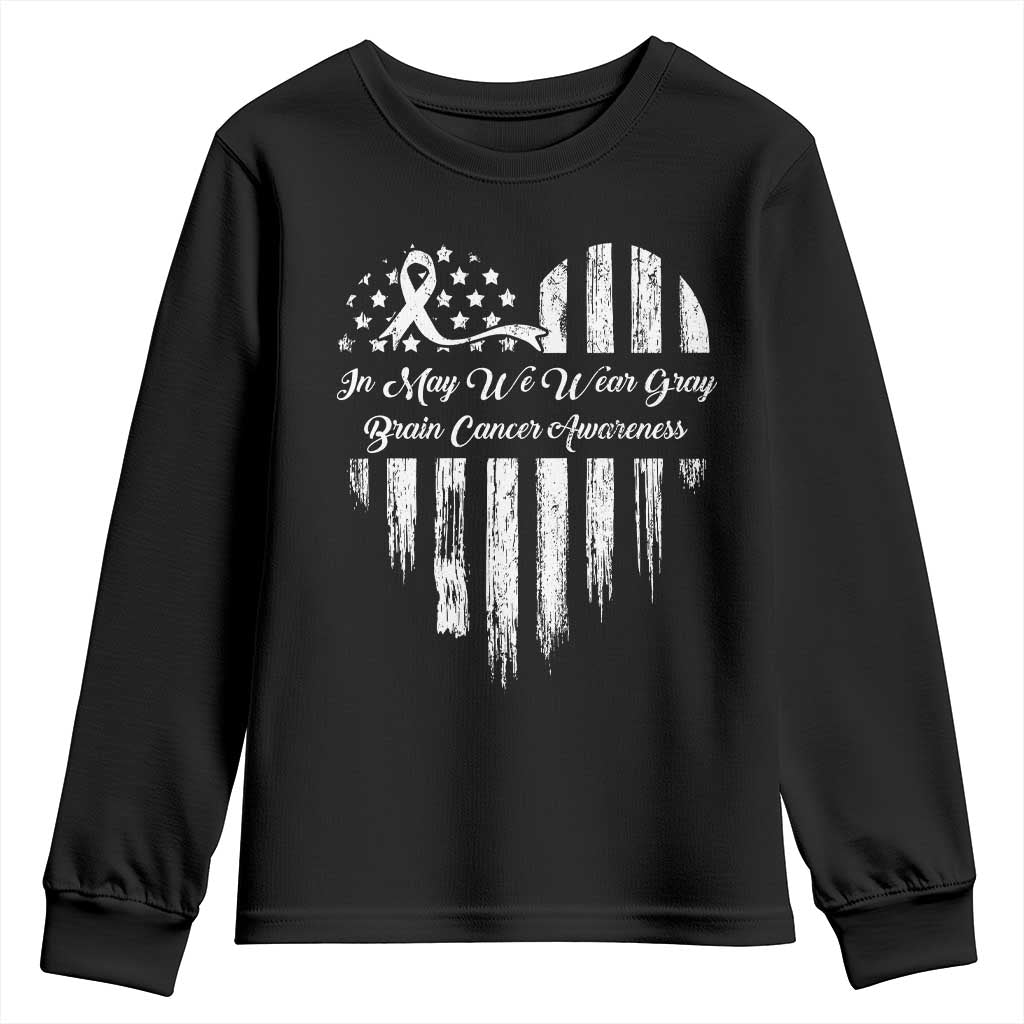 Brain Cancer Support Youth Sweatshirt In May We Wear Gray American Flag Heart