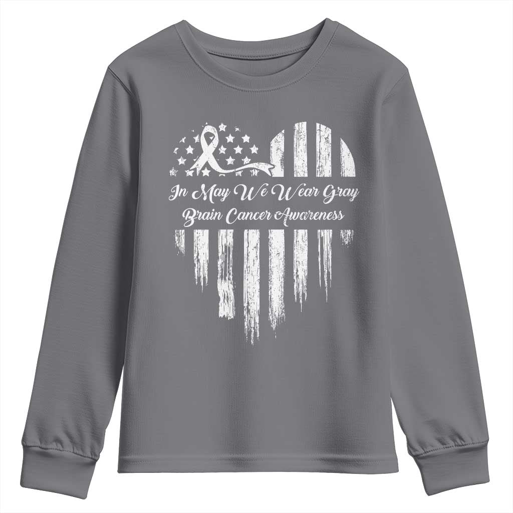 Brain Cancer Support Youth Sweatshirt In May We Wear Gray American Flag Heart