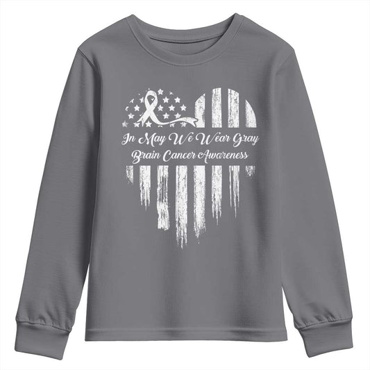 Brain Cancer Support Youth Sweatshirt In May We Wear Gray American Flag Heart