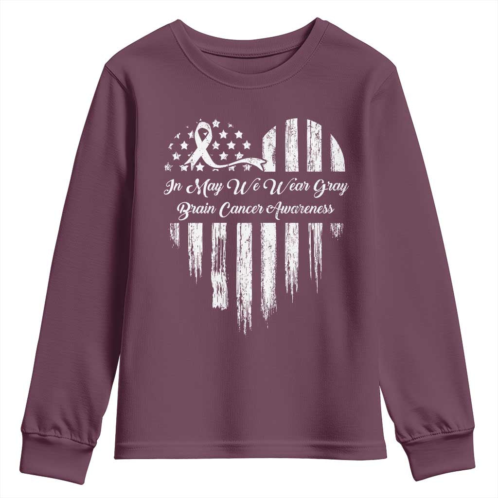 Brain Cancer Support Youth Sweatshirt In May We Wear Gray American Flag Heart