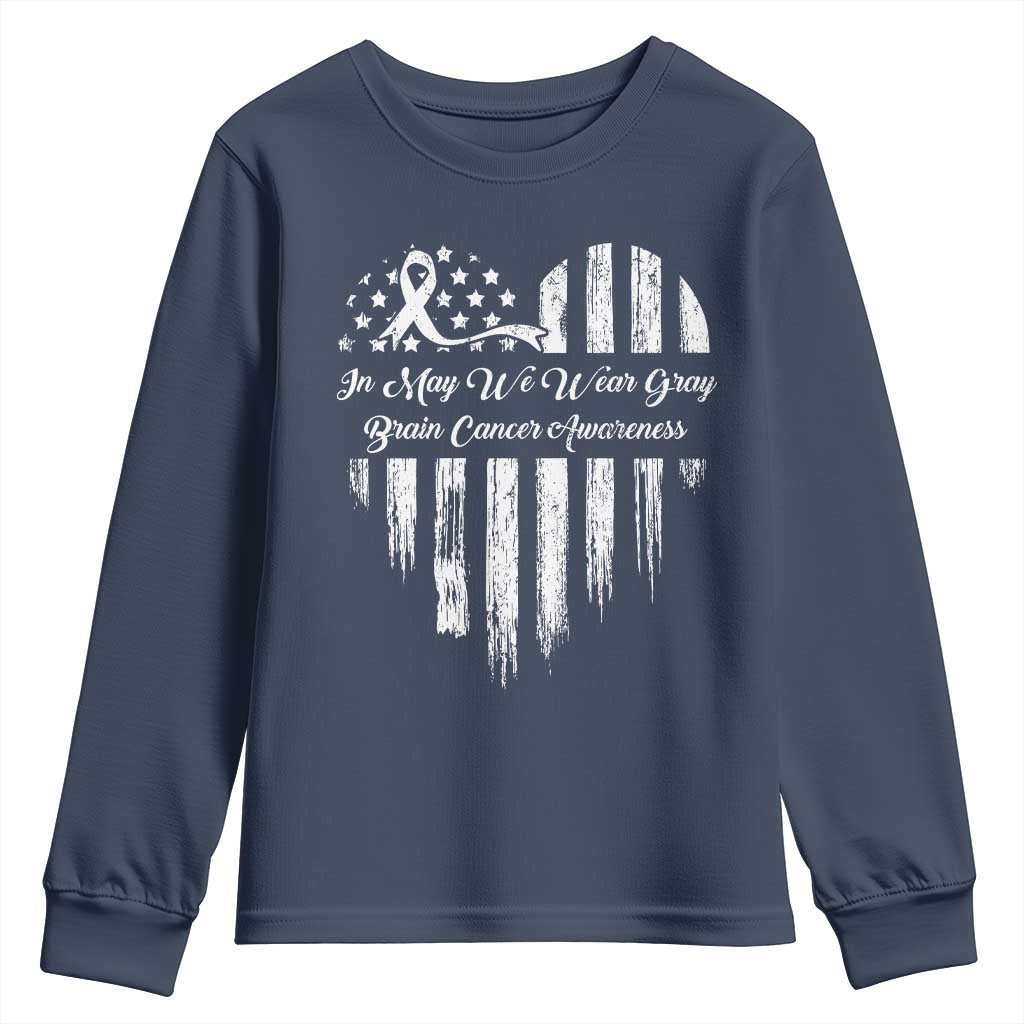 Brain Cancer Support Youth Sweatshirt In May We Wear Gray American Flag Heart