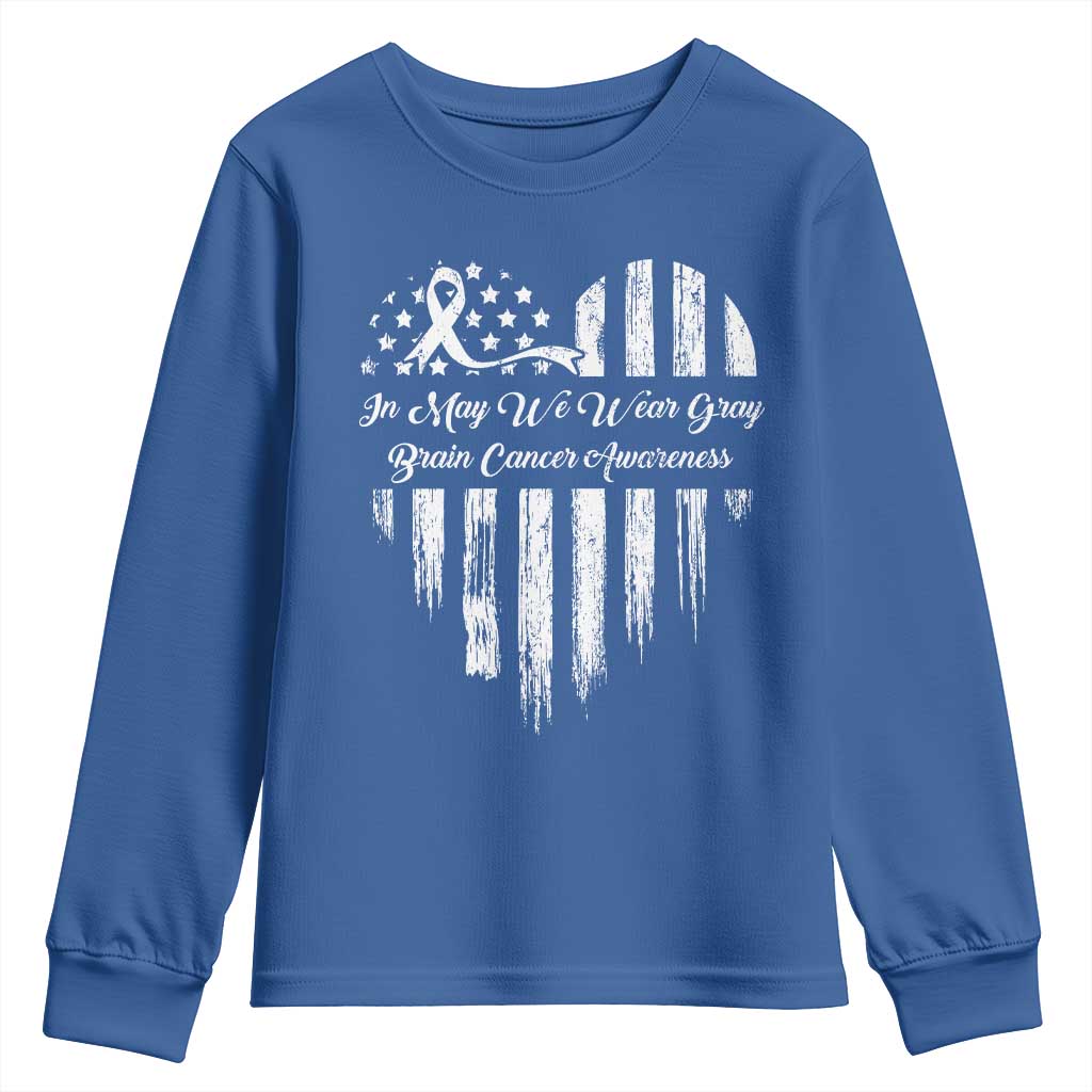 Brain Cancer Support Youth Sweatshirt In May We Wear Gray American Flag Heart