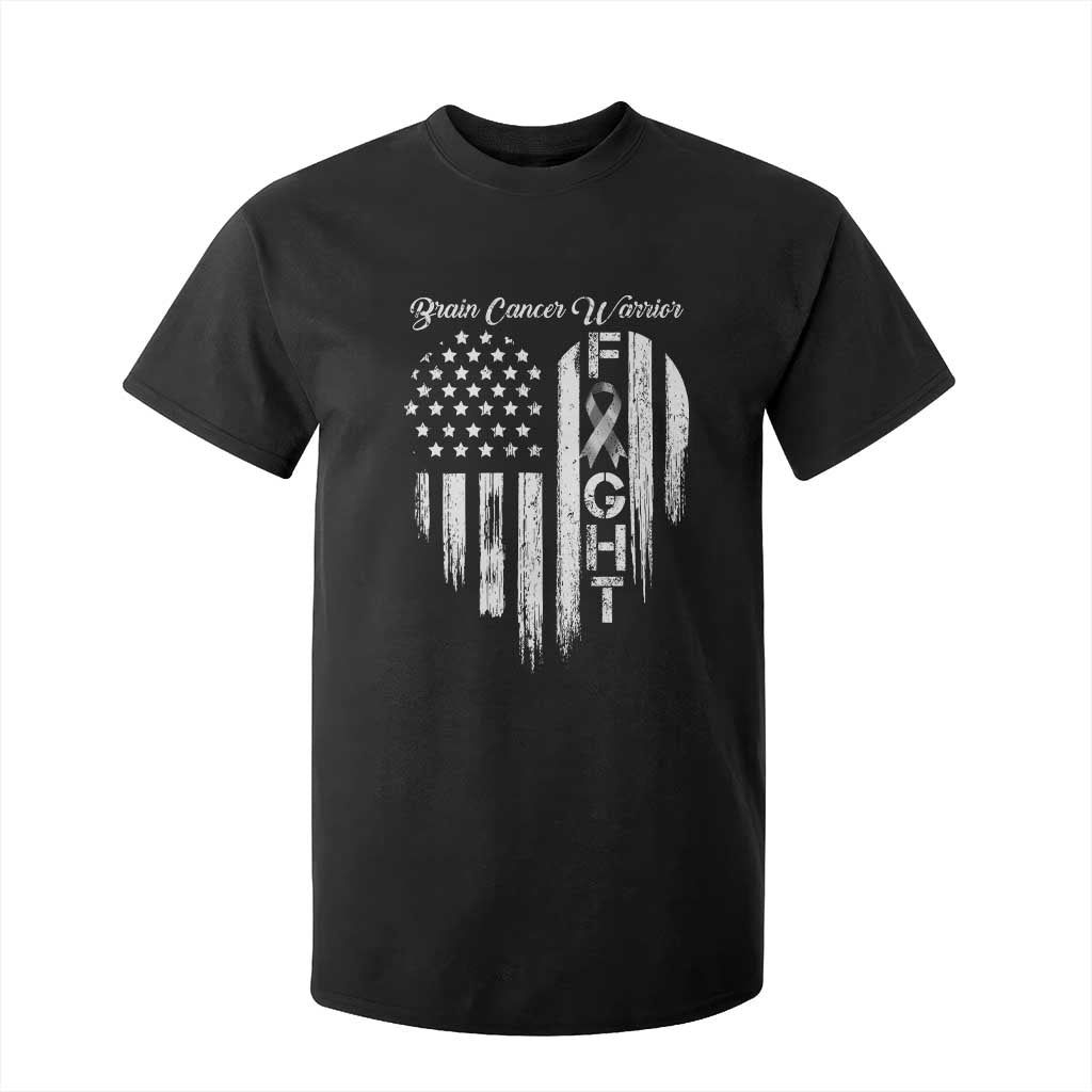 Brain Cancer Warrior T Shirt For Kid Fight Gray Ribbon American Flag Heart