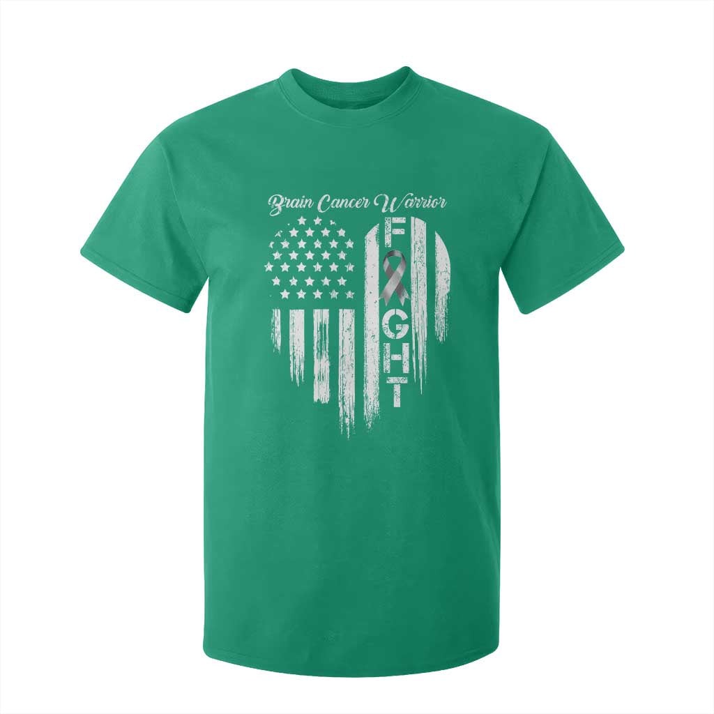 Brain Cancer Warrior T Shirt For Kid Fight Gray Ribbon American Flag Heart