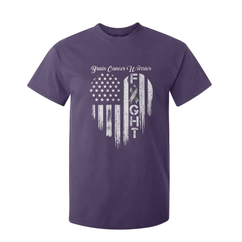 Brain Cancer Warrior T Shirt For Kid Fight Gray Ribbon American Flag Heart