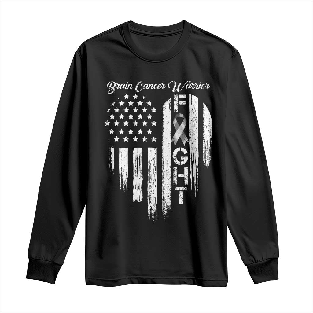 Brain Cancer Warrior Long Sleeve Shirt Fight Gray Ribbon American Flag Heart