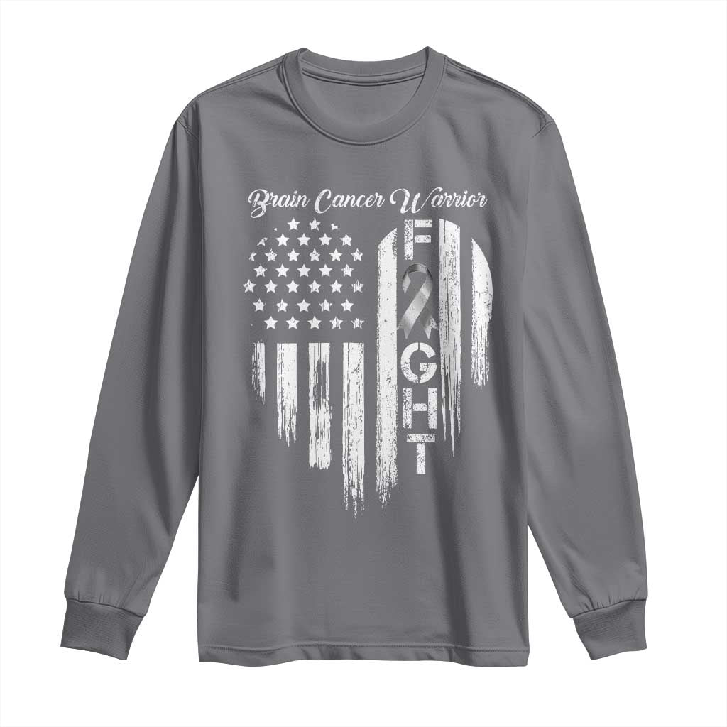 Brain Cancer Warrior Long Sleeve Shirt Fight Gray Ribbon American Flag Heart
