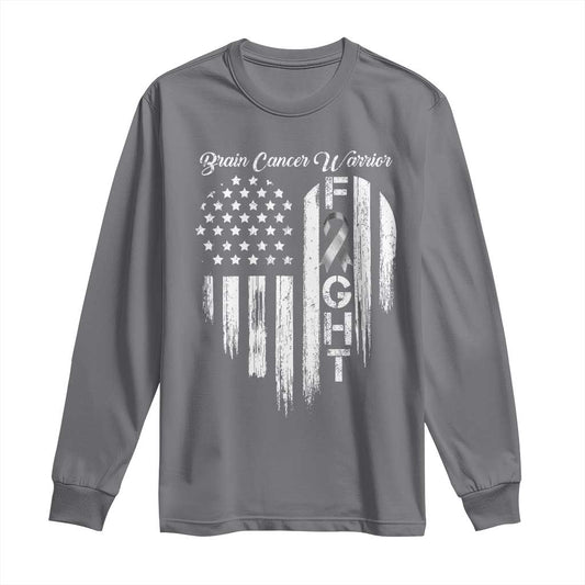 Brain Cancer Warrior Long Sleeve Shirt Fight Gray Ribbon American Flag Heart