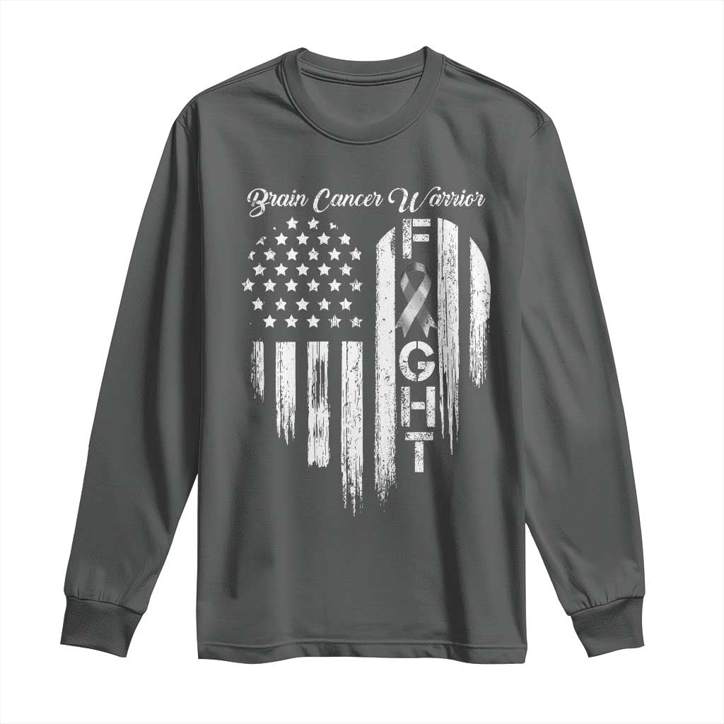 Brain Cancer Warrior Long Sleeve Shirt Fight Gray Ribbon American Flag Heart