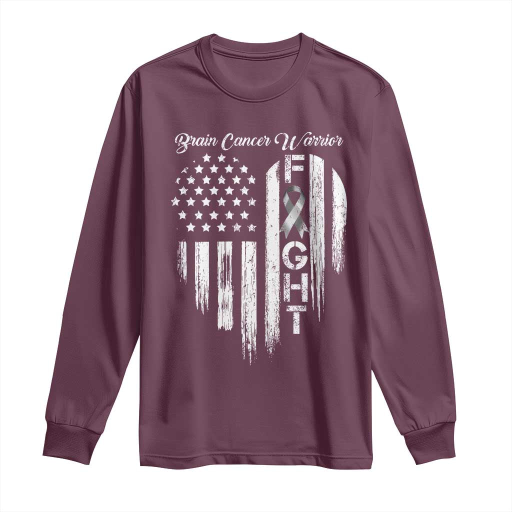 Brain Cancer Warrior Long Sleeve Shirt Fight Gray Ribbon American Flag Heart