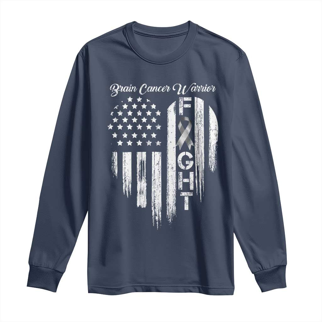 Brain Cancer Warrior Long Sleeve Shirt Fight Gray Ribbon American Flag Heart