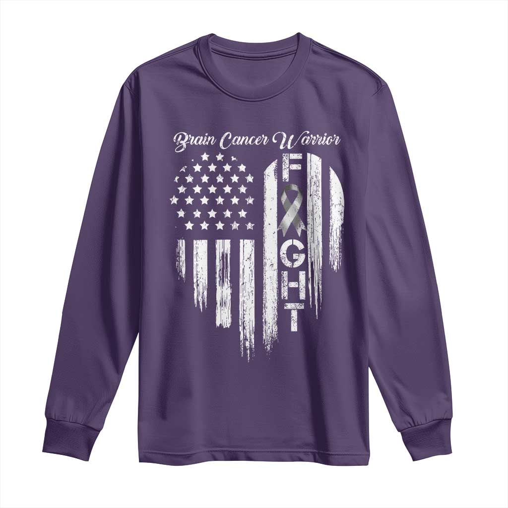 Brain Cancer Warrior Long Sleeve Shirt Fight Gray Ribbon American Flag Heart