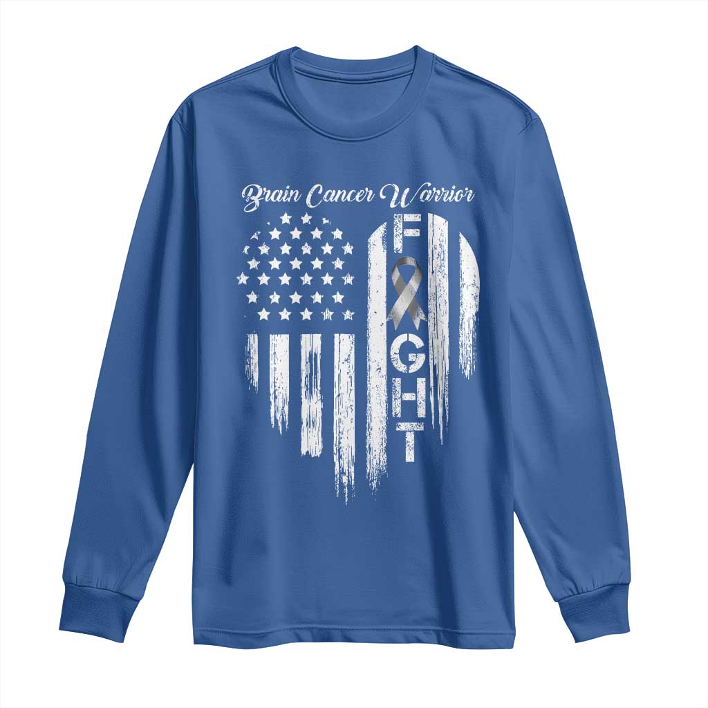 Brain Cancer Warrior Long Sleeve Shirt Fight Gray Ribbon American Flag Heart