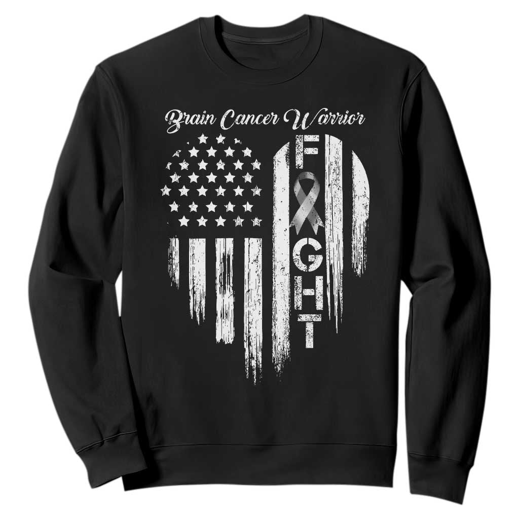 Brain Cancer Warrior Sweatshirt Fight Gray Ribbon American Flag Heart