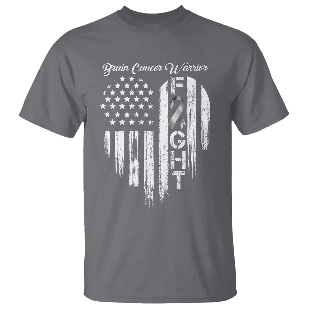 Brain Cancer Warrior T Shirt Fight Gray Ribbon American Flag Heart