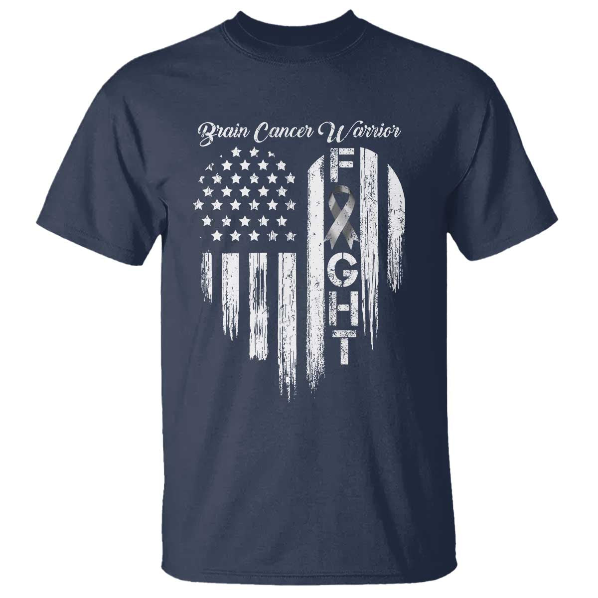 Brain Cancer Warrior T Shirt Fight Gray Ribbon American Flag Heart