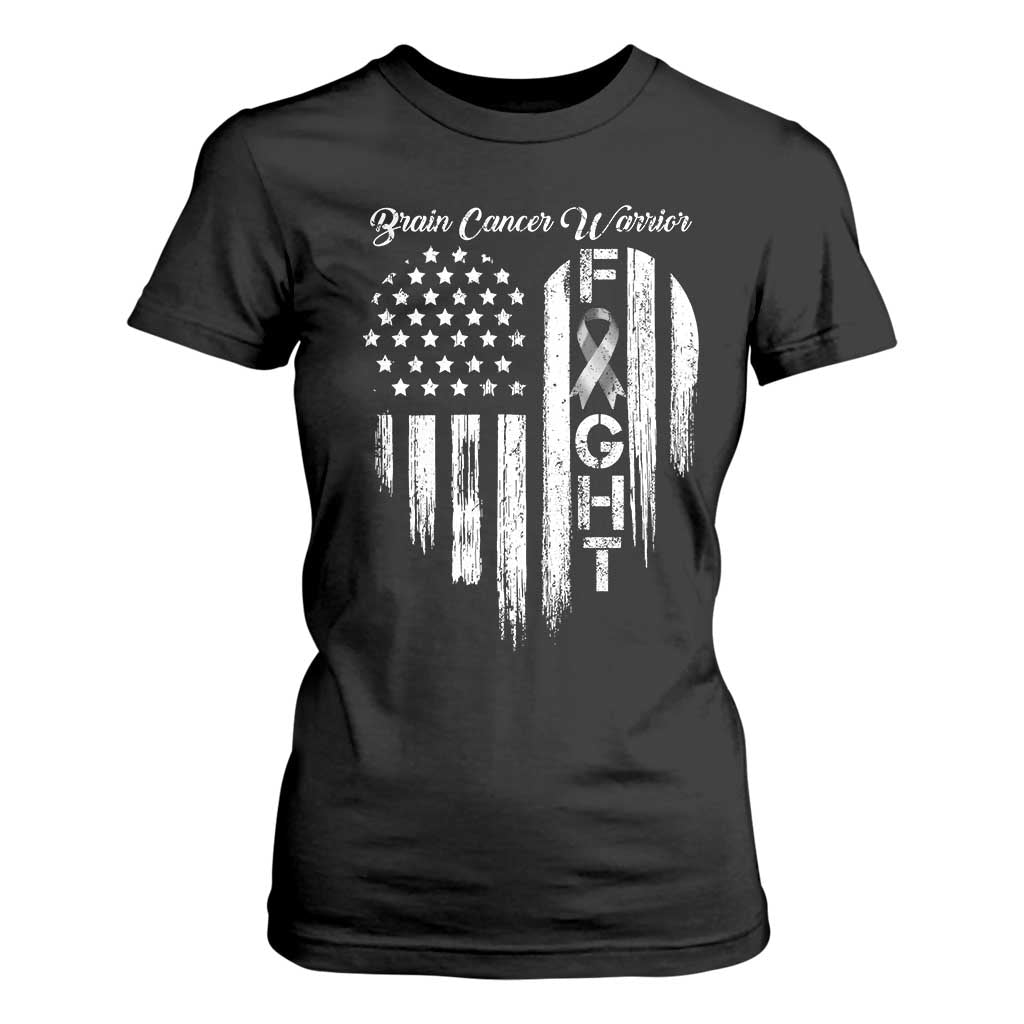 Brain Cancer Warrior T Shirt For Women Fight Gray Ribbon American Flag Heart