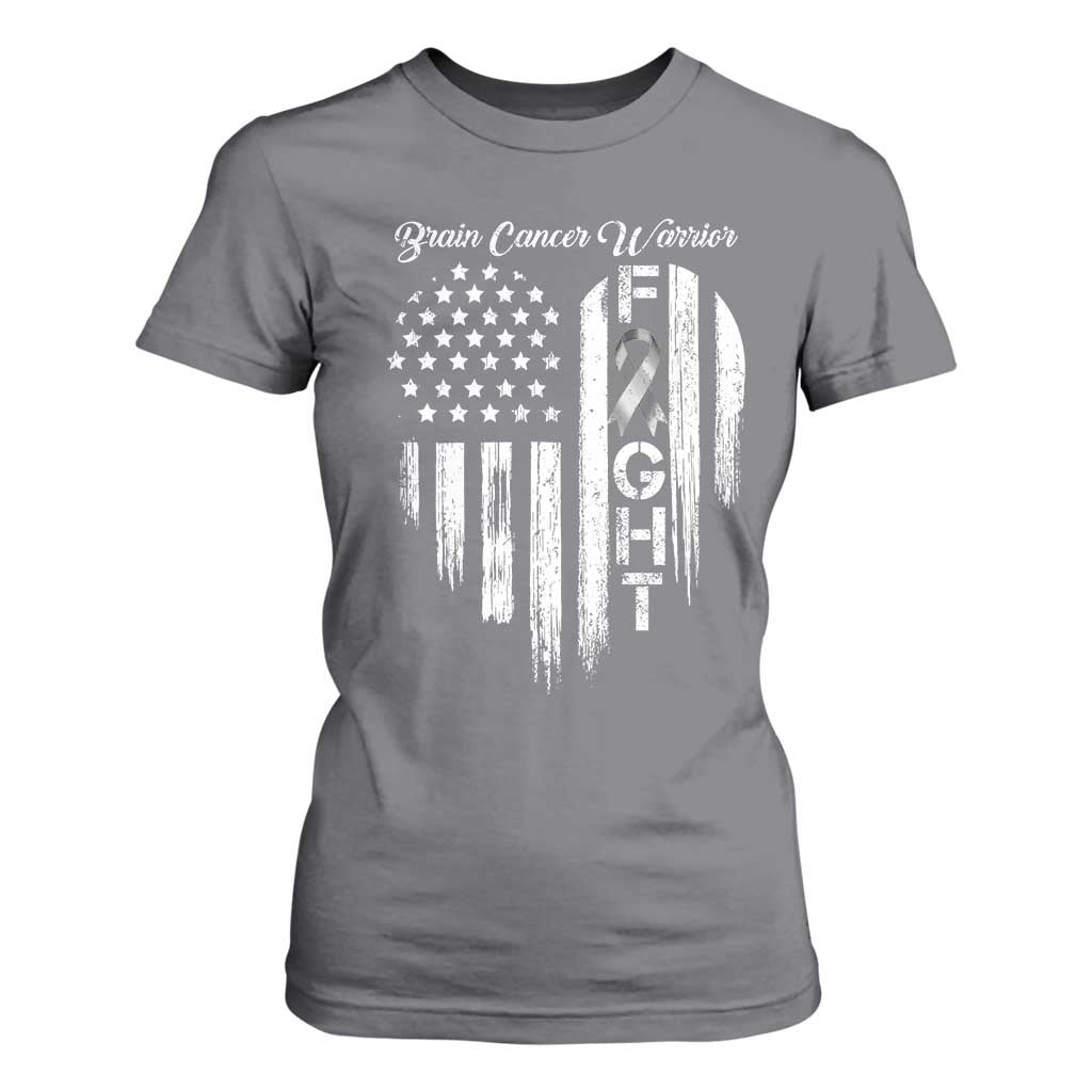 Brain Cancer Warrior T Shirt For Women Fight Gray Ribbon American Flag Heart