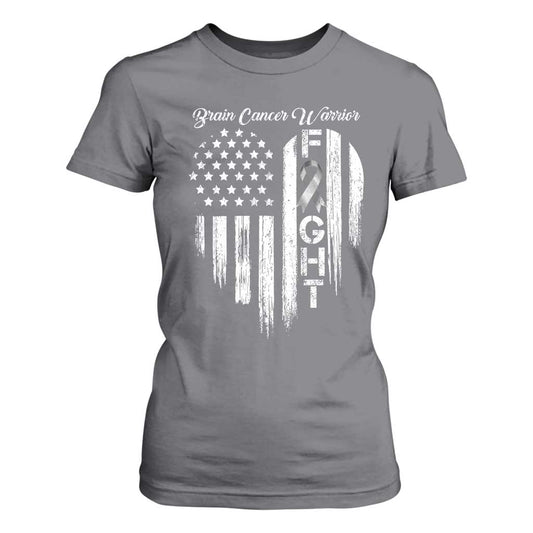 Brain Cancer Warrior T Shirt For Women Fight Gray Ribbon American Flag Heart
