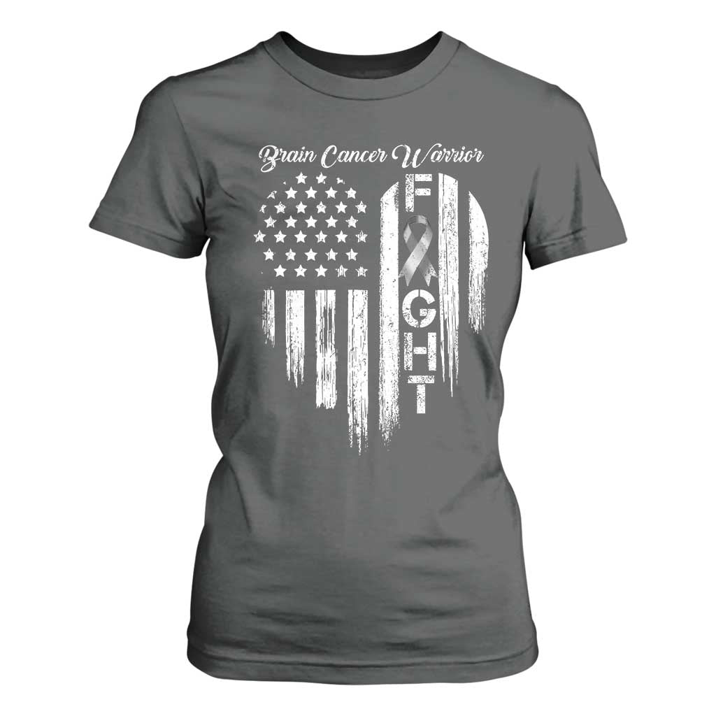Brain Cancer Warrior T Shirt For Women Fight Gray Ribbon American Flag Heart