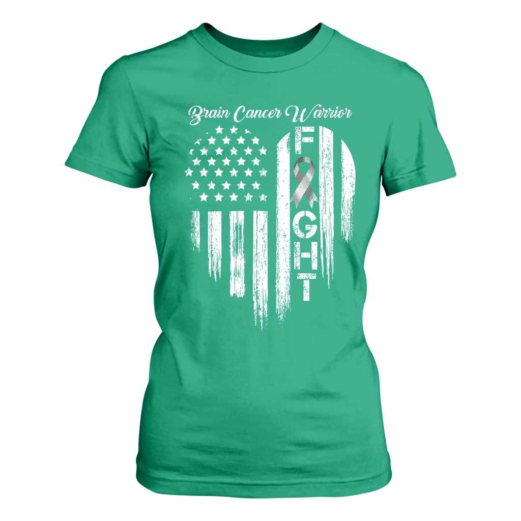 Brain Cancer Warrior T Shirt For Women Fight Gray Ribbon American Flag Heart