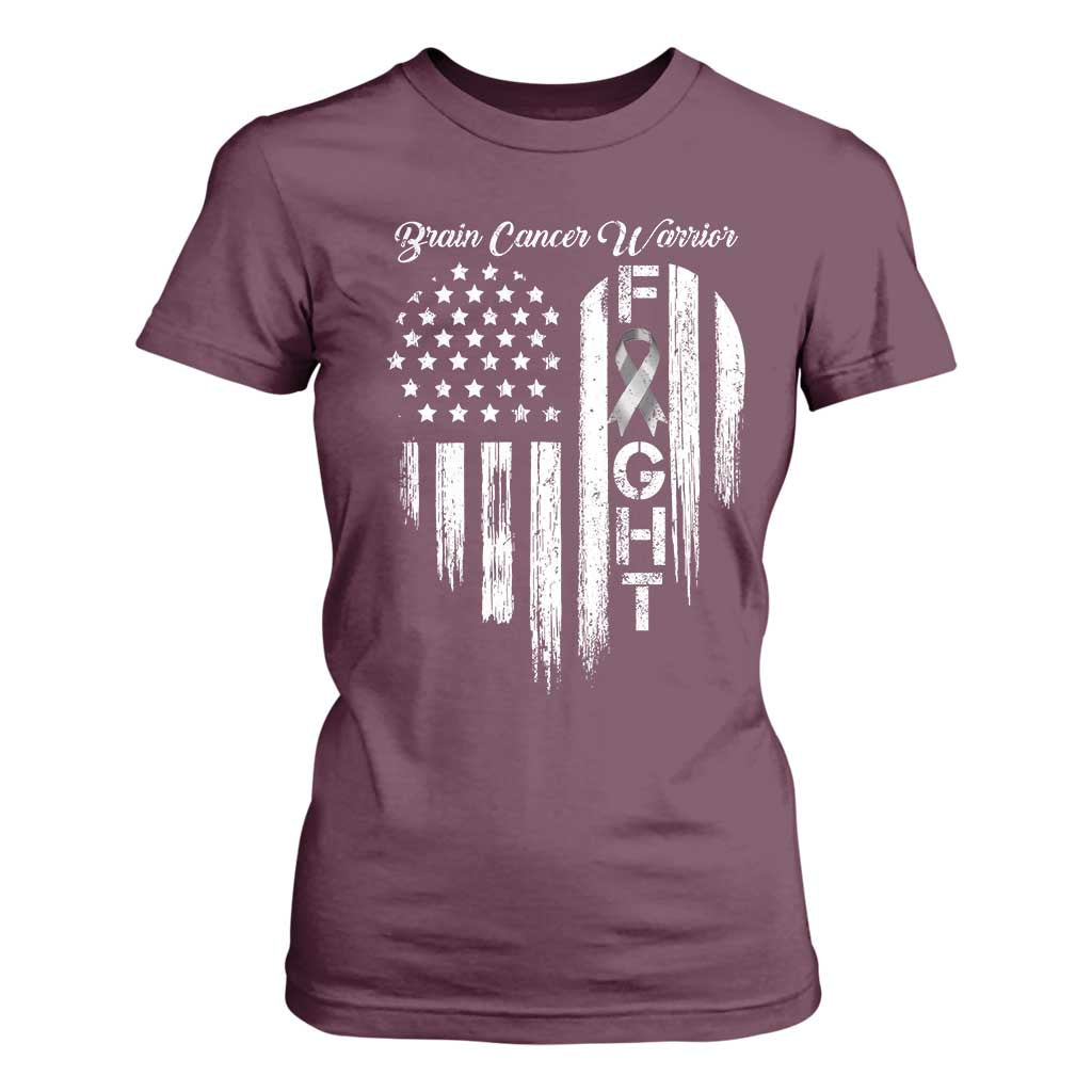 Brain Cancer Warrior T Shirt For Women Fight Gray Ribbon American Flag Heart