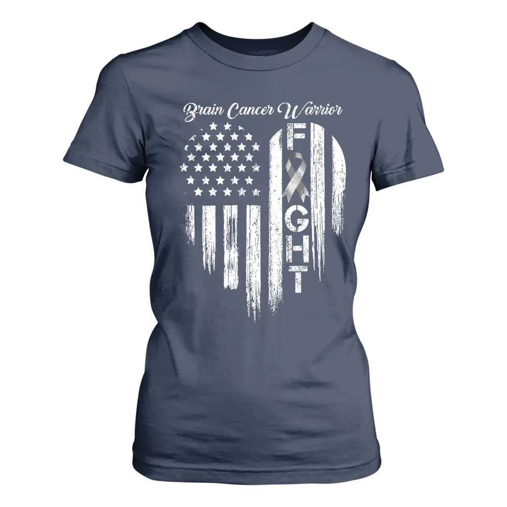 Brain Cancer Warrior T Shirt For Women Fight Gray Ribbon American Flag Heart