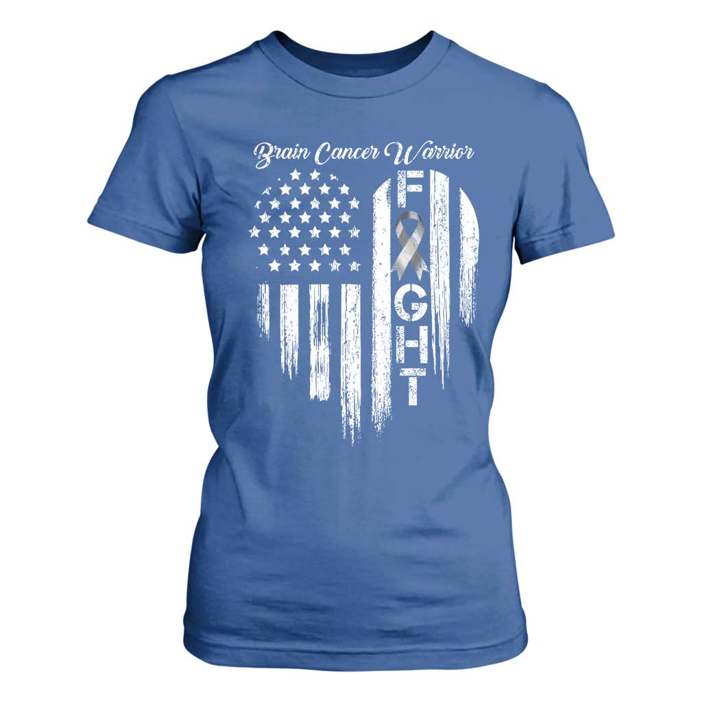 Brain Cancer Warrior T Shirt For Women Fight Gray Ribbon American Flag Heart