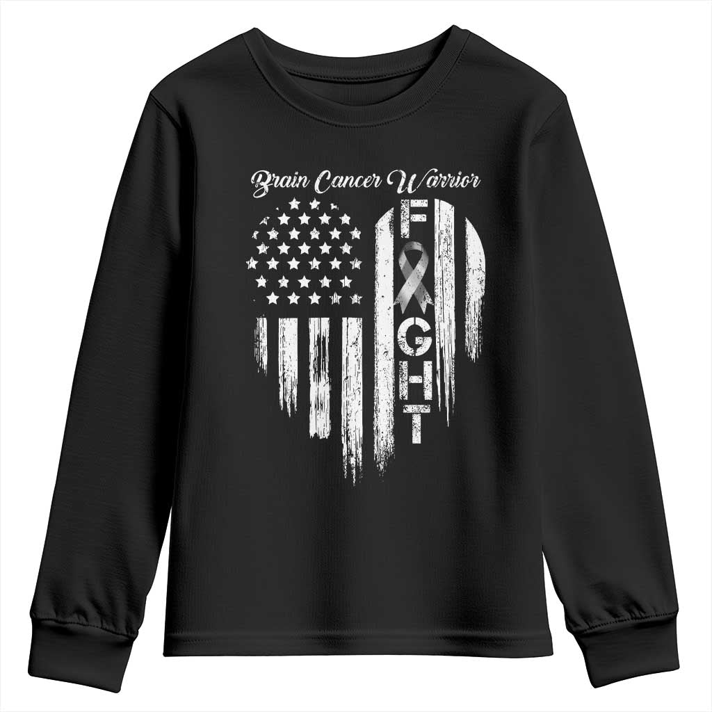 Brain Cancer Warrior Youth Sweatshirt Fight Gray Ribbon American Flag Heart