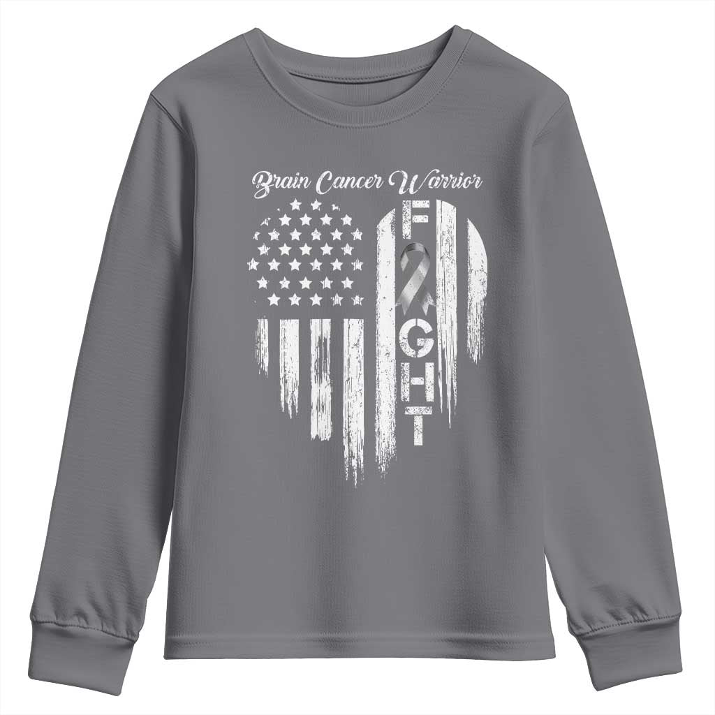 Brain Cancer Warrior Youth Sweatshirt Fight Gray Ribbon American Flag Heart