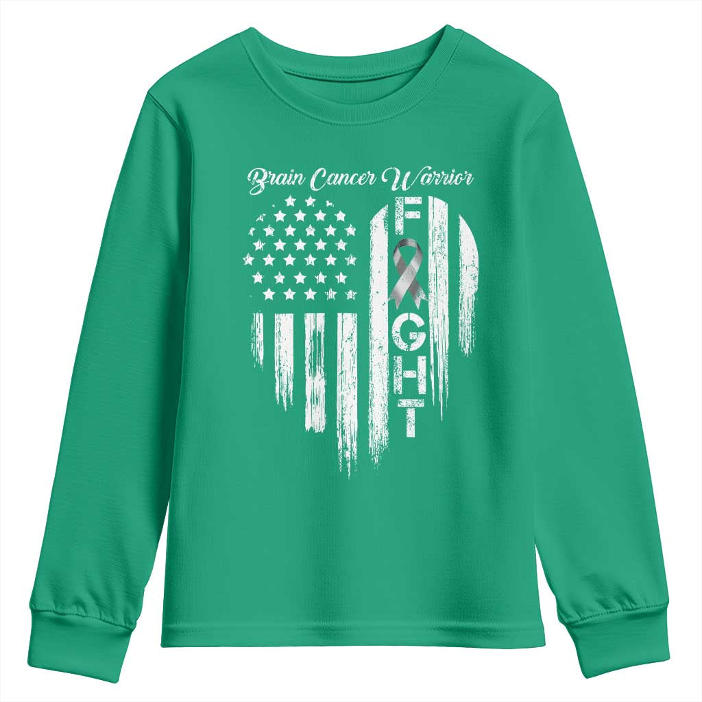 Brain Cancer Warrior Youth Sweatshirt Fight Gray Ribbon American Flag Heart